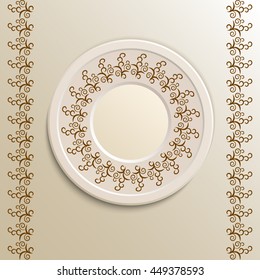 Table appointments in restaurant.  Decorative plate with round ethnic ornament. Arabic curls. Vintage background of napkin. Brown shades.