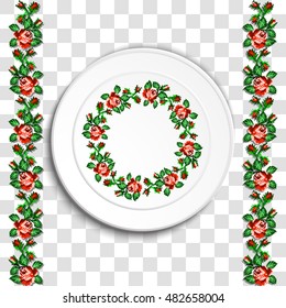 Table appointments in restaurant.. Decorative plate with round ethnic ornament. Ukrainian style.  Floral rose pattern. Vintage background of napkin. Green and red tones.