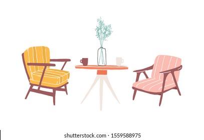 Table and armchairs hand drawn vector illustration. Living room furnishing, home retro interior items. Soft vintage chairs and round table drawing. Old-fashioned furniture isolated on white background