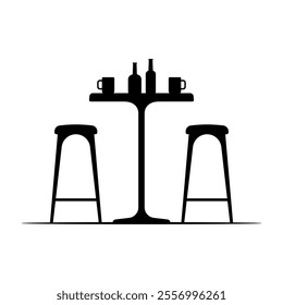 Table and bar stools icon. Black silhouette. Front side view. Vector simple flat graphic illustration. Isolated object on white background. Isolate.