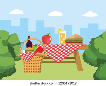 table and basket with food and tablecloth decoration