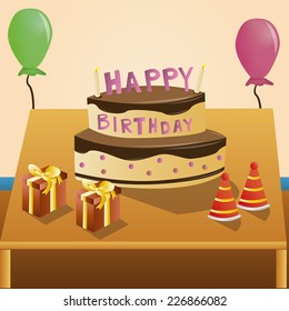 a table with a birthday cake, presents and birthday hats