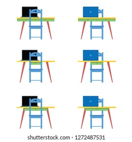 table and blue chair with laptop vector illustration