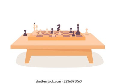 Table with board for chess strategy game and challenge of kids vector illustration. Cartoon isolated wooden desk with chessboard to play with black and white chess pieces and figures on checkerboard