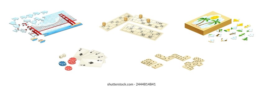 Table Board Game with Cards, Jigsaw Puzzle and Loto Vector Set