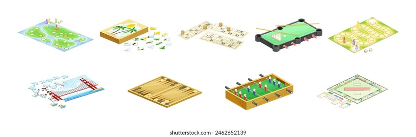 Table Board Game with Jigsaw Puzzle, Loto, Billiards, Foosball and Backgammon Vector Set