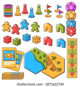 Table board game set, isolated icons of figurine, dices and cards with gold. Locations showing pyramids and landscape with river and woods. Playing as pastime, children rest. Vector in flat style