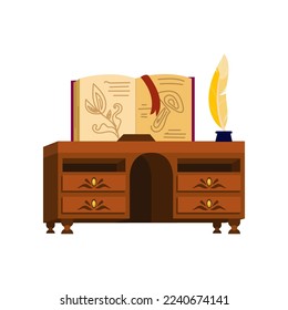 Table with book for wizard school interior vector illustration. Library object, table for writing with old book. Halloween, magic, fairy tale concept