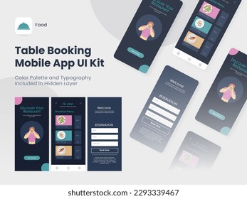 Table Booking Mobile App UI Kit Including Sign Up, Food Menu, Reservation Screen for Restaurant or Hotel.