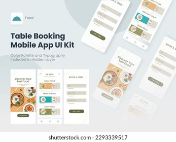 Table Booking Mobile App UI Kit Including Sign Up, Food Menu, Reservation Screen for Restaurant or Hotel.