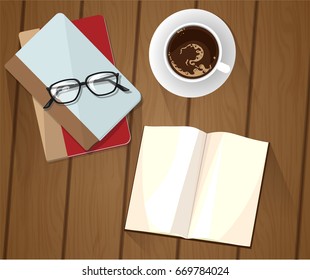 A table with books and coffee