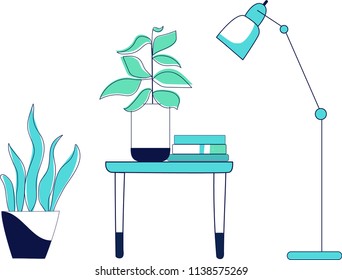 Table with books and flower in a pot, lamp and flower in a pot on the floor