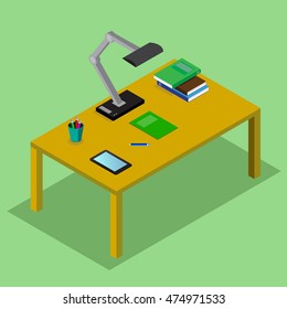  Table with books,  lamp, the tablet. Student workplace. 3D isometric vector concept illustration in flat style.