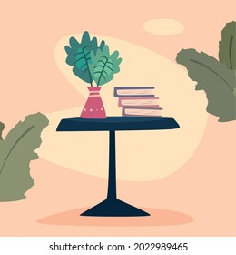 table and books with vase