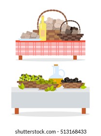 Table with bottle of wine and abstract food in baskets. Table with jug of oil and olives in baskets. Banners set. Picnic table. Spain festival of olives and wine concept. Vector illustration