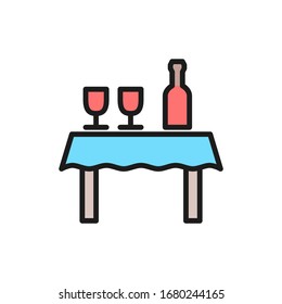 Table with bottle of wine and glasses flat color line icon.