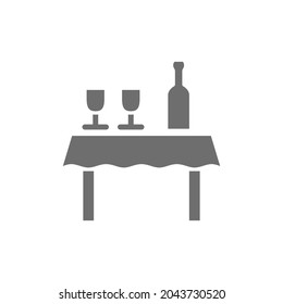 Table with bottle of wine and glasses grey icon.