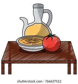 table with bowl soup and tomato bottle oil kitchen elements