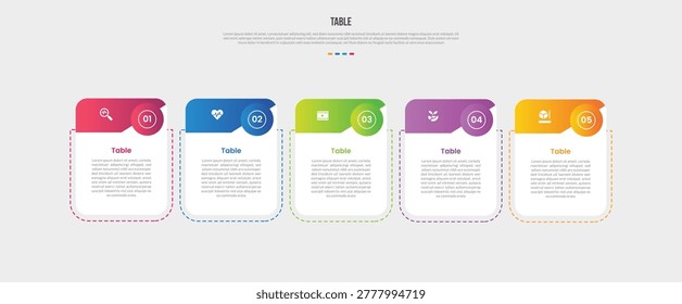 Table box base shape infographics gradient template diagram with folder folding paper inside with dotted outline and circle badge with 5 point step creative vector