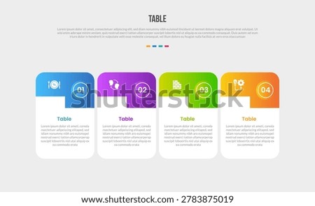 Table box base shape infographics gradient template diagram with round standing rectangle box with block header badge with 4 point step creative vector