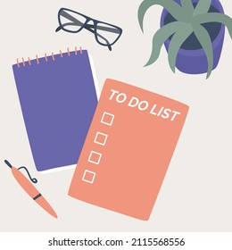 Table with boxes for completed tasks. Case sheet. A complete to-do list with goals and objectives. Notepad pen glasses houseplant. Vector illustration.