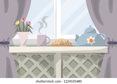 Table with breakfast and flowers in front of a window with curtains. Pastel colours. Flat cartoon style vector illustration.