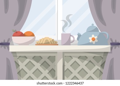 Table with breakfast in front of a window with curtains. Pastel colours. Flat cartoon style vector illustration.