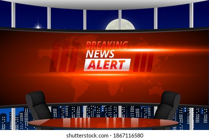 tabla con alerta de noticias de última hora en el fondo de pantalla led en el estudio de noticias