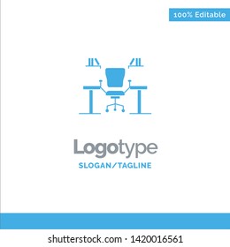 Table, Business, Chair, Computer, Desk, Office, Workplace Blue Solid Logo Template. Place for Tagline