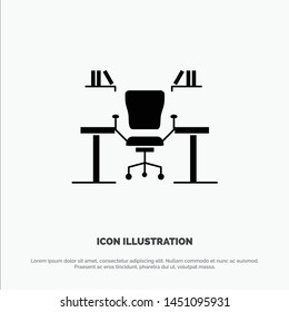 Table, Business, Chair, Computer, Desk, Office, Workplace solid Glyph Icon vector