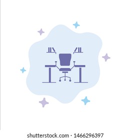 Table, Business, Chair, Computer, Desk, Office, Workplace Blue Icon on Abstract Cloud Background. Vector Icon Template background