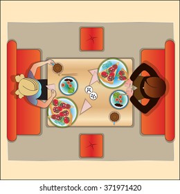 Table in cafe for two, the top view. Vector illustration.