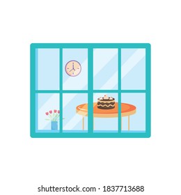 table with cake flowers and clock view from the window vector illustration