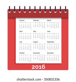 Table Calendar 2016 red outer with white background vector design template. Week starts Monday