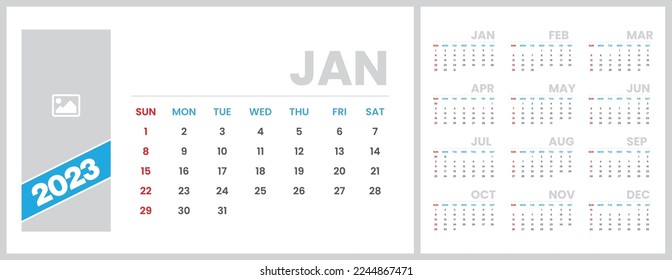 Table Calendar 2023. Set of 12 months. Corporate Business Calendar Vector Template. Monthly calendar template for 2023 year.