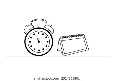 Table calendar continuous one line drawing and happy new years outline vector icon