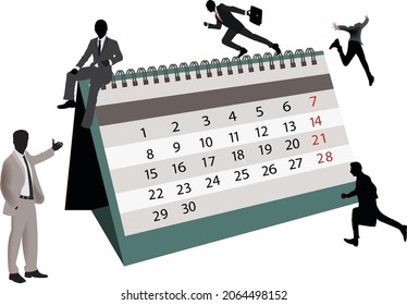 table calendar with human figures around