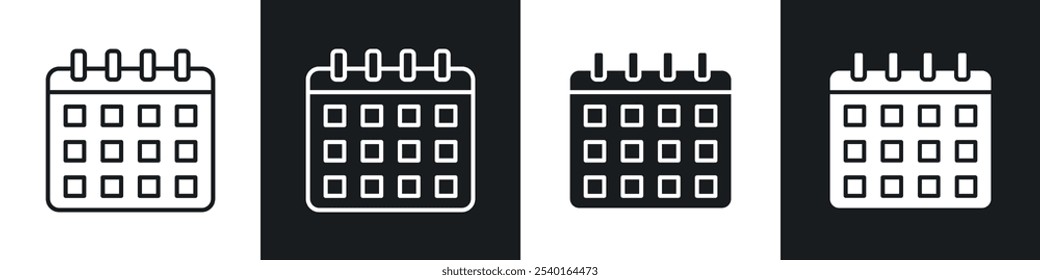 Table calendar icon set. Vector symbols in black and white colors.