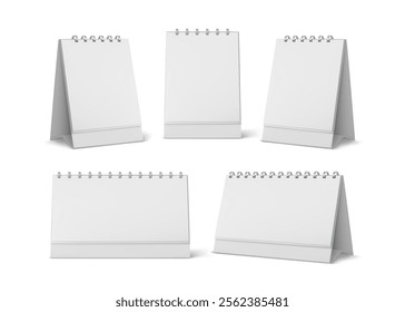 Table calendar mockup. Desk calendar with spiral. Realistic vector calendar illustration in different angles of view. Blank pages isolated on white background. Office planner or notepad.