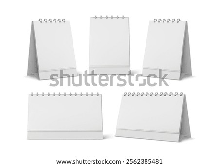 Table calendar mockup. Desk calendar with spiral. Realistic vector calendar illustration in different angles of view. Blank pages isolated on white background. Office planner or notepad.