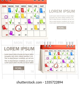 Table calendar with paper stickers and tags. Flat vector illustration on white background. Place for text. Web site button, page concept.