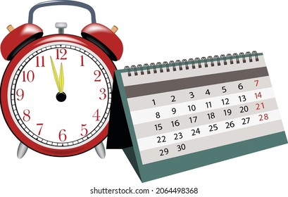 table calendar with red alarm clock