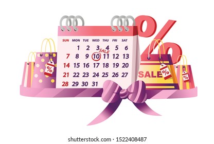 Table calendar with SALES date shopping bags and percentage symbol sale day tag flat vector illustration on white background