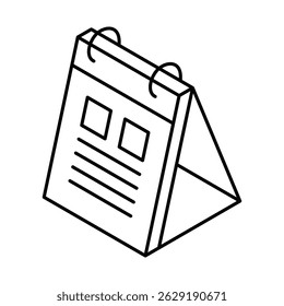 Calendario de mesa con encuadernación en espiral y diseño impreso. Icono de Vector isométrico. Trazo editable.