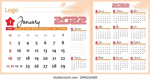 table calendar template 2022. starting week. equipped with a memo column and two months before and after. Elegant illustration. vector