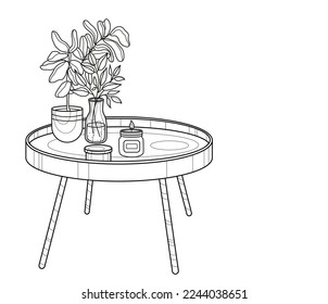 Table with candles and flowers. Coloring book. Black and white vector illustration.