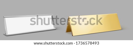 Table card holder, empty name plate. Vector realistic mockup of golden and metal stand for identification tag for events, steel and gold frames for nameplate isolated on gray background