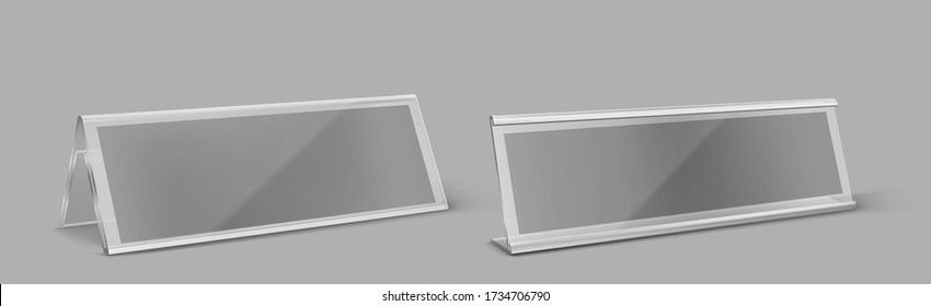 Table card holder, empty plastic name plate. Vector realistic mockup of transparent plexiglass stand for identification tag for events, clear acrylic frame for nameplate isolated on gray background svg