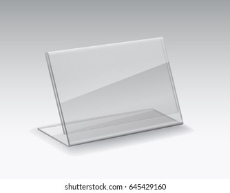 Table Card Holder Isolated On Grey Background. Vector Empty Glass Stand Display. Clear Plastic Tag Mockup Or Acryl Shelf Talker Template.