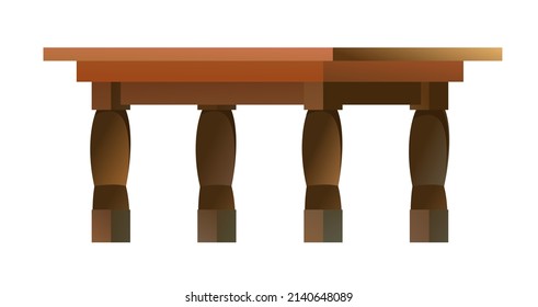 Tisch mit geschnitzten Beinen. Modernes minimalistisches Möbeldesign. Zum Arbeiten und in der Küche. Cartoon-Stil. Objekt einzeln auf weißem Hintergrund. Vektorgrafik.